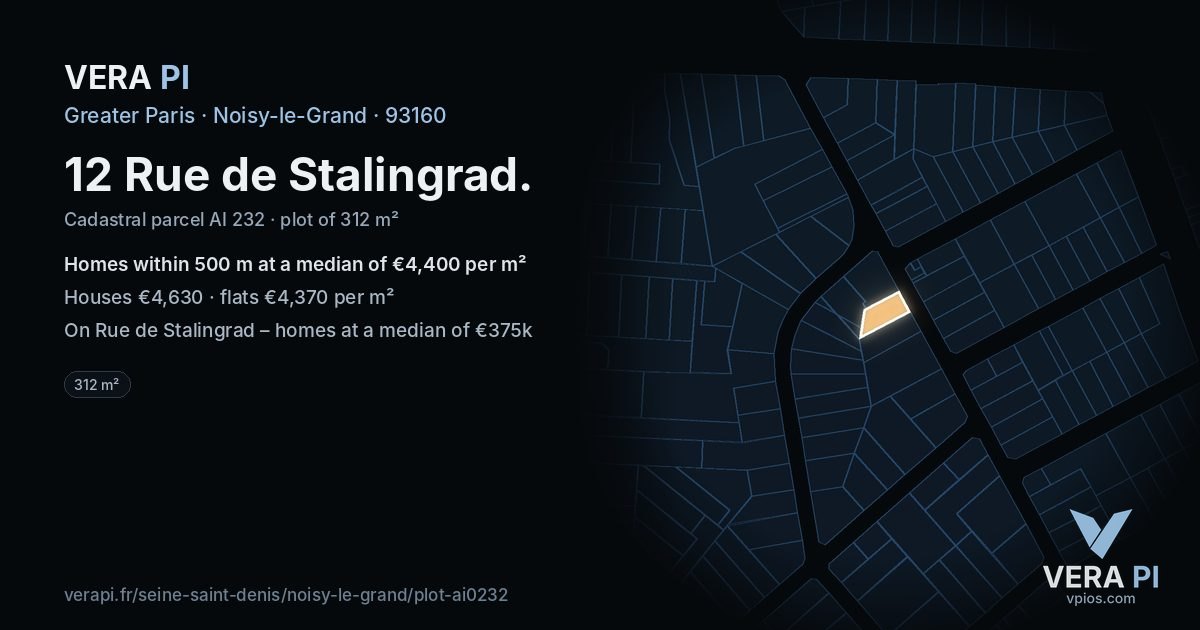 12 Rue de Stalingrad, Noisy-le-Grand at night – the plot lit, the parcels around coloured by the prices near them
