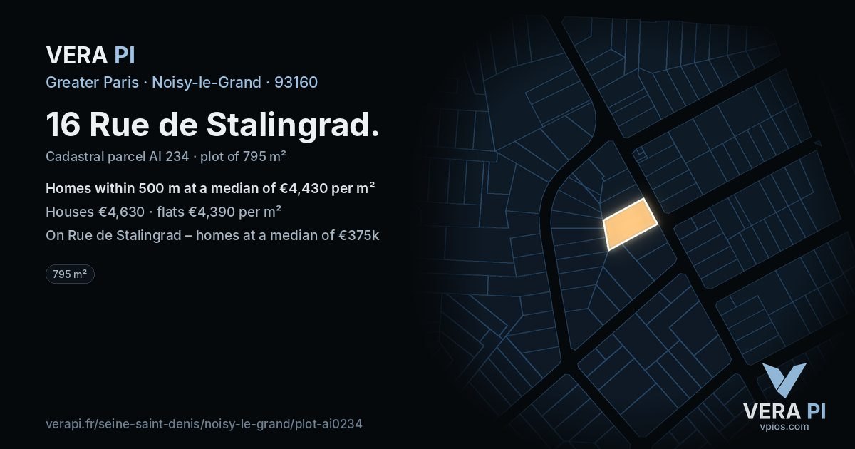 16 Rue de Stalingrad, Noisy-le-Grand at night – the plot lit, the parcels around coloured by the prices near them