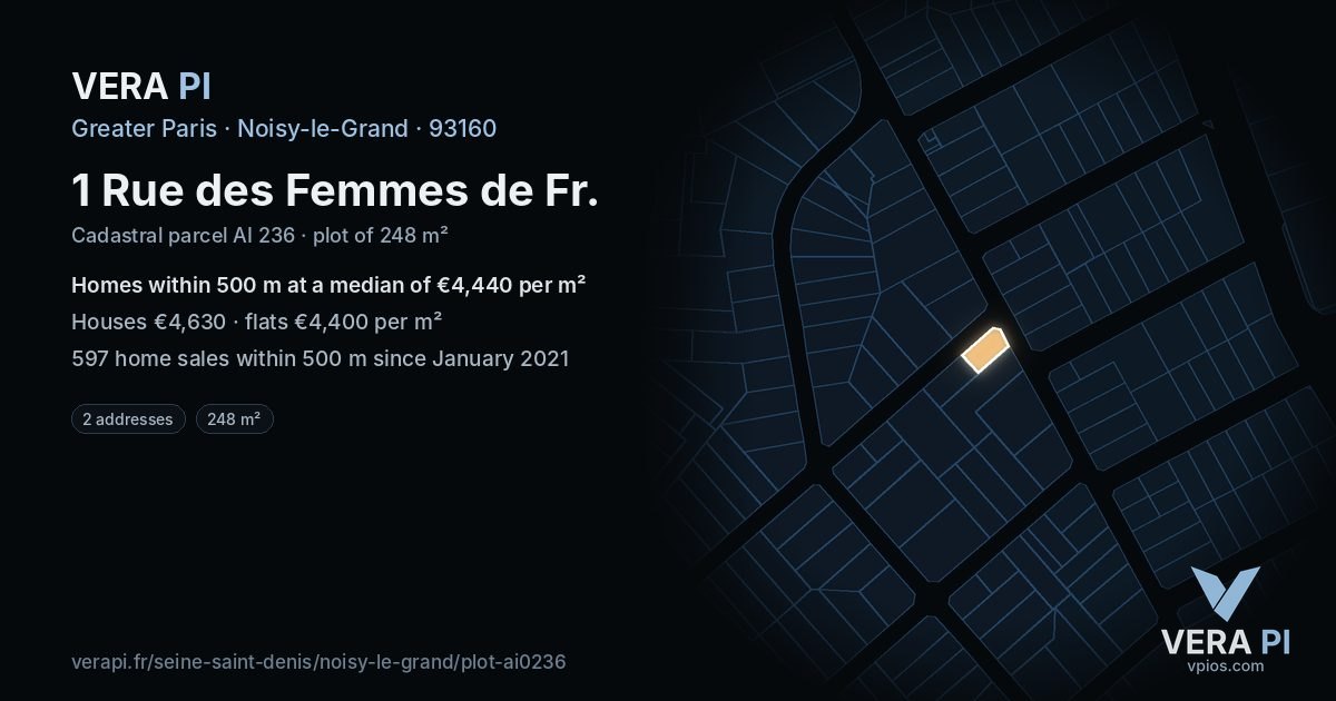 1 Rue des Femmes de Fr, Noisy-le-Grand at night – the plot lit, the parcels around coloured by the prices near them