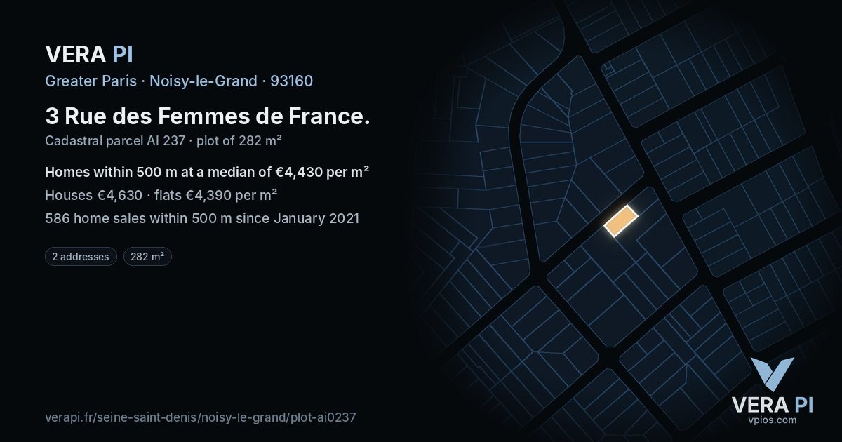 3 Rue des Femmes de France, Noisy-le-Grand at night – the plot lit, the parcels around coloured by the prices near them