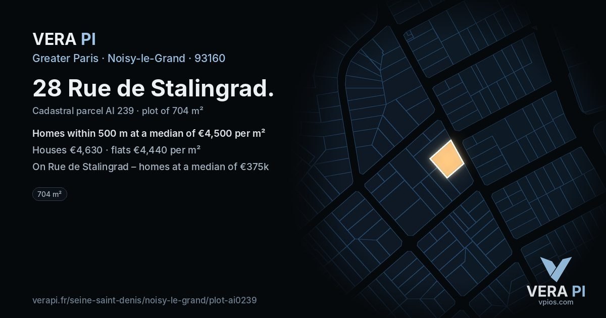 28 Rue de Stalingrad, Noisy-le-Grand at night – the plot lit, the parcels around coloured by the prices near them