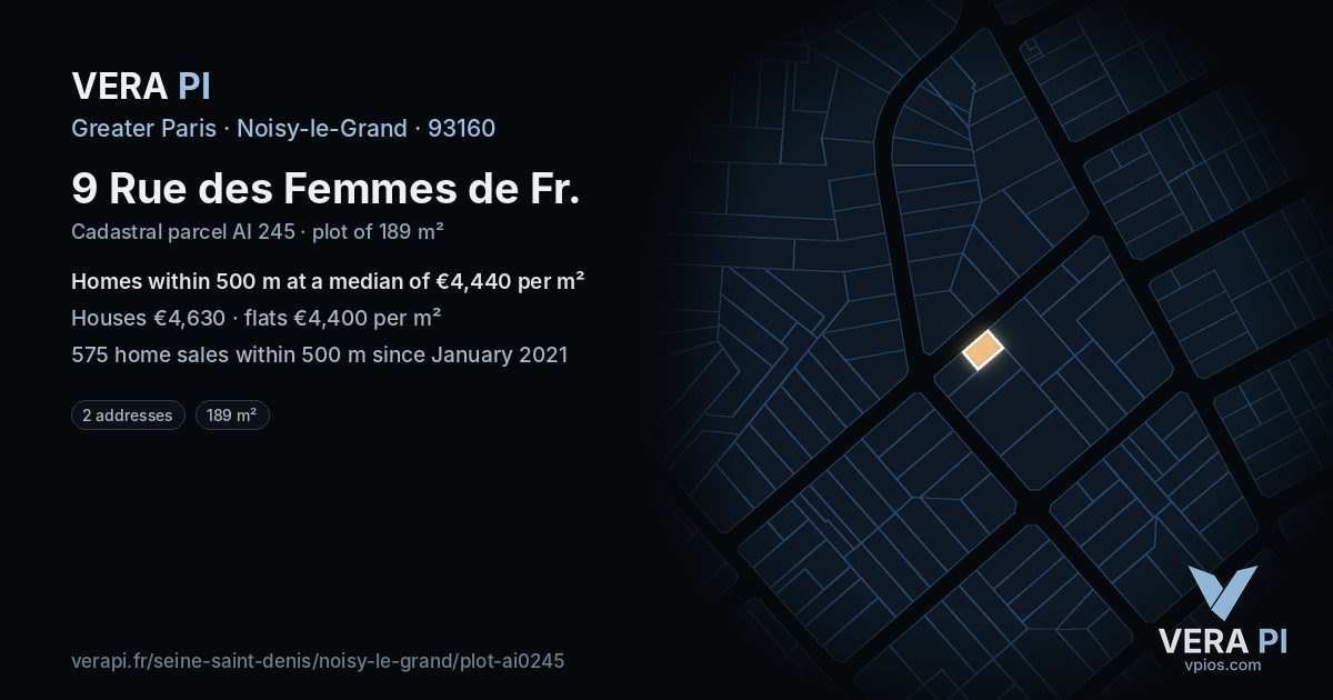9 Rue des Femmes de Fr, Noisy-le-Grand at night – the plot lit, the parcels around coloured by the prices near them