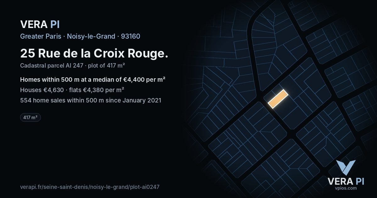 25 Rue de la Croix Rouge, Noisy-le-Grand at night – the plot lit, the parcels around coloured by the prices near them