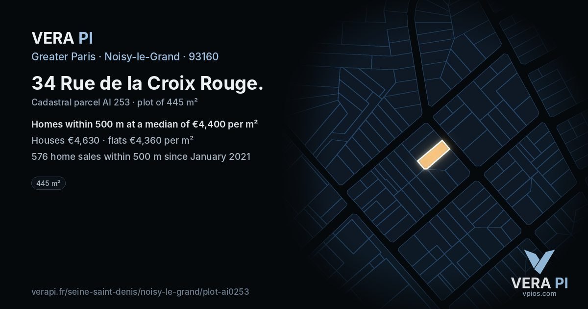 34 Rue de la Croix Rouge, Noisy-le-Grand at night – the plot lit, the parcels around coloured by the prices near them