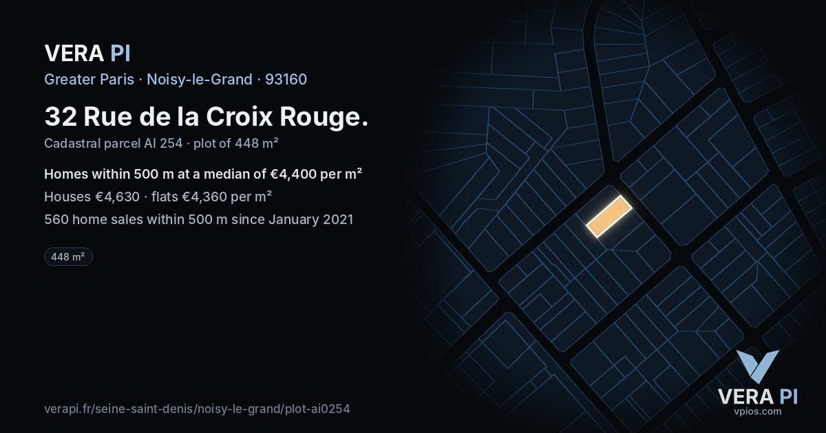 32 Rue de la Croix Rouge, Noisy-le-Grand at night – the plot lit, the parcels around coloured by the prices near them