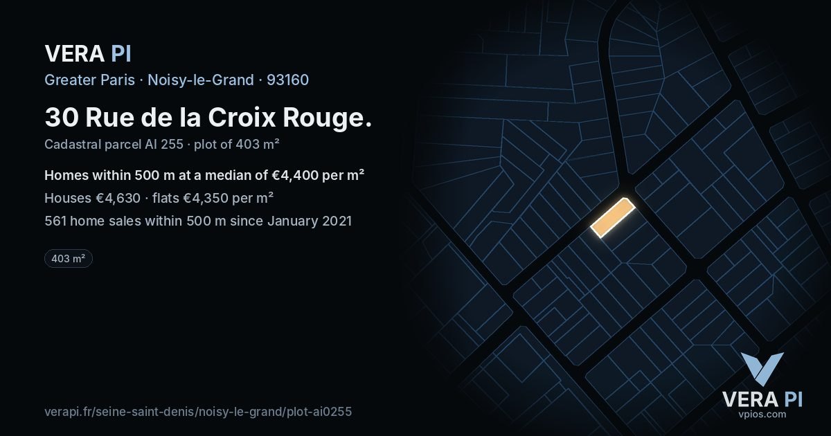 30 Rue de la Croix Rouge, Noisy-le-Grand at night – the plot lit, the parcels around coloured by the prices near them