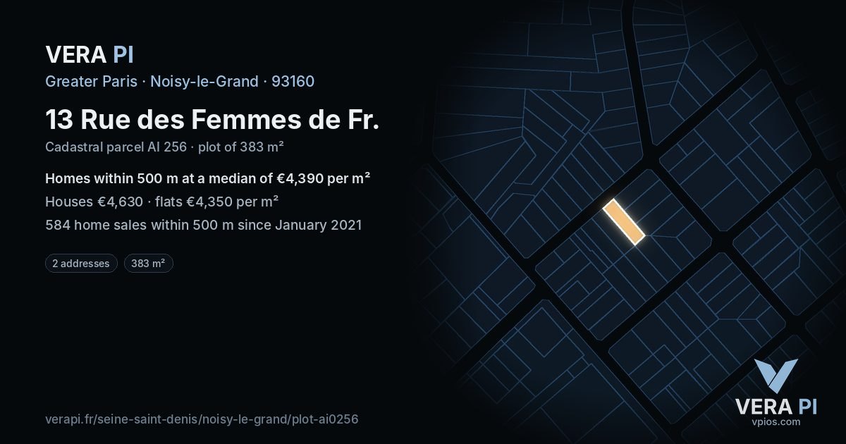 13 Rue des Femmes de Fr, Noisy-le-Grand at night – the plot lit, the parcels around coloured by the prices near them