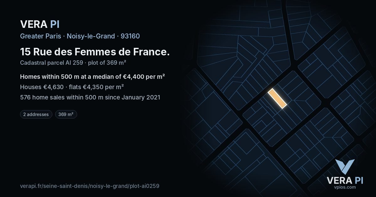 15 Rue des Femmes de France, Noisy-le-Grand at night – the plot lit, the parcels around coloured by the prices near them
