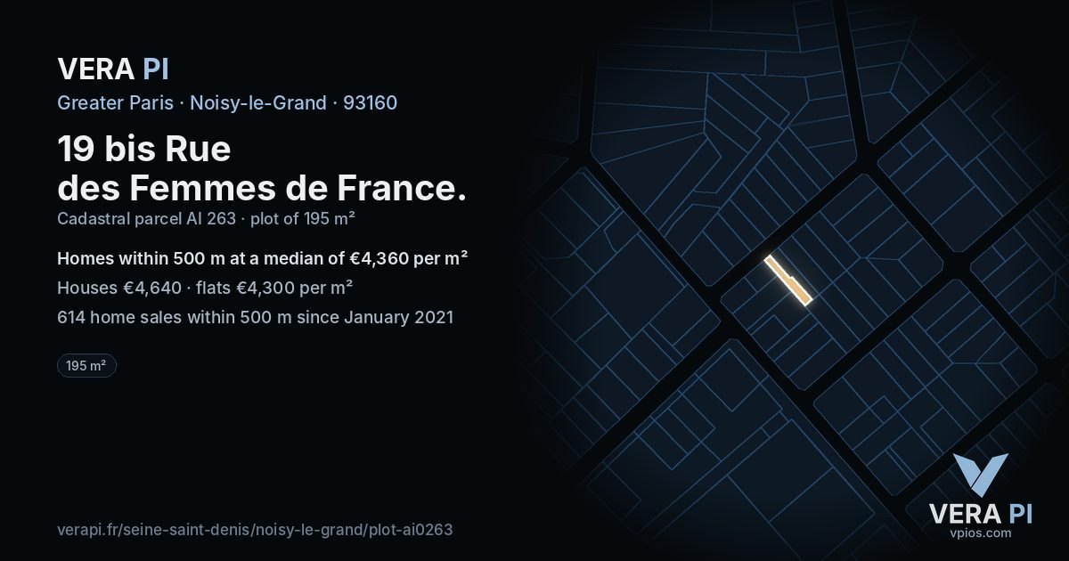 19 bis Rue des Femmes de France, Noisy-le-Grand at night – the plot lit, the parcels around coloured by the prices near them