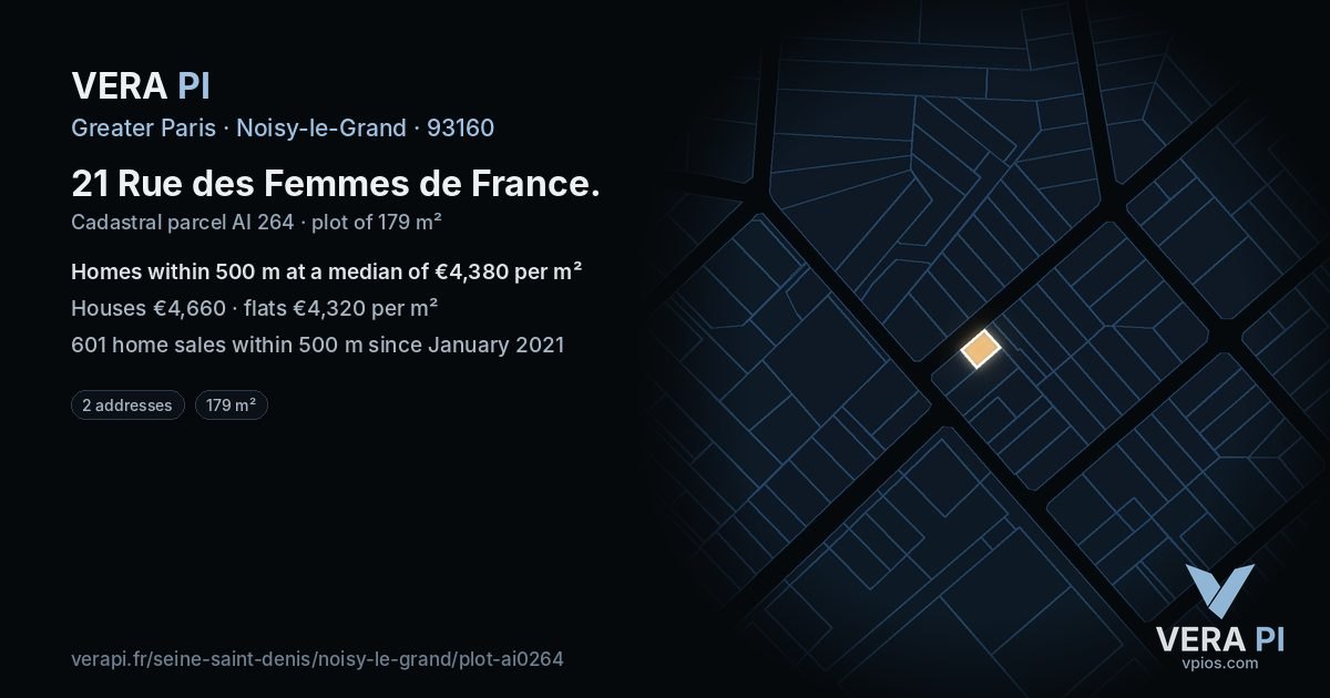 21 Rue des Femmes de France, Noisy-le-Grand at night – the plot lit, the parcels around coloured by the prices near them