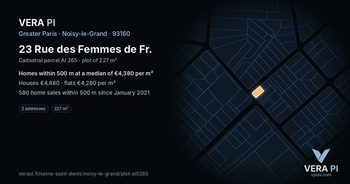 23 Rue des Femmes de Fr, Noisy-le-Grand at night – the plot lit, the parcels around coloured by the prices near them