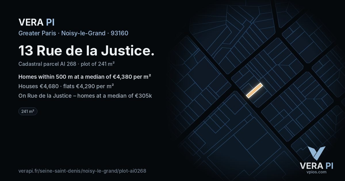 13 Rue de la Justice, Noisy-le-Grand at night – the plot lit, the parcels around coloured by the prices near them