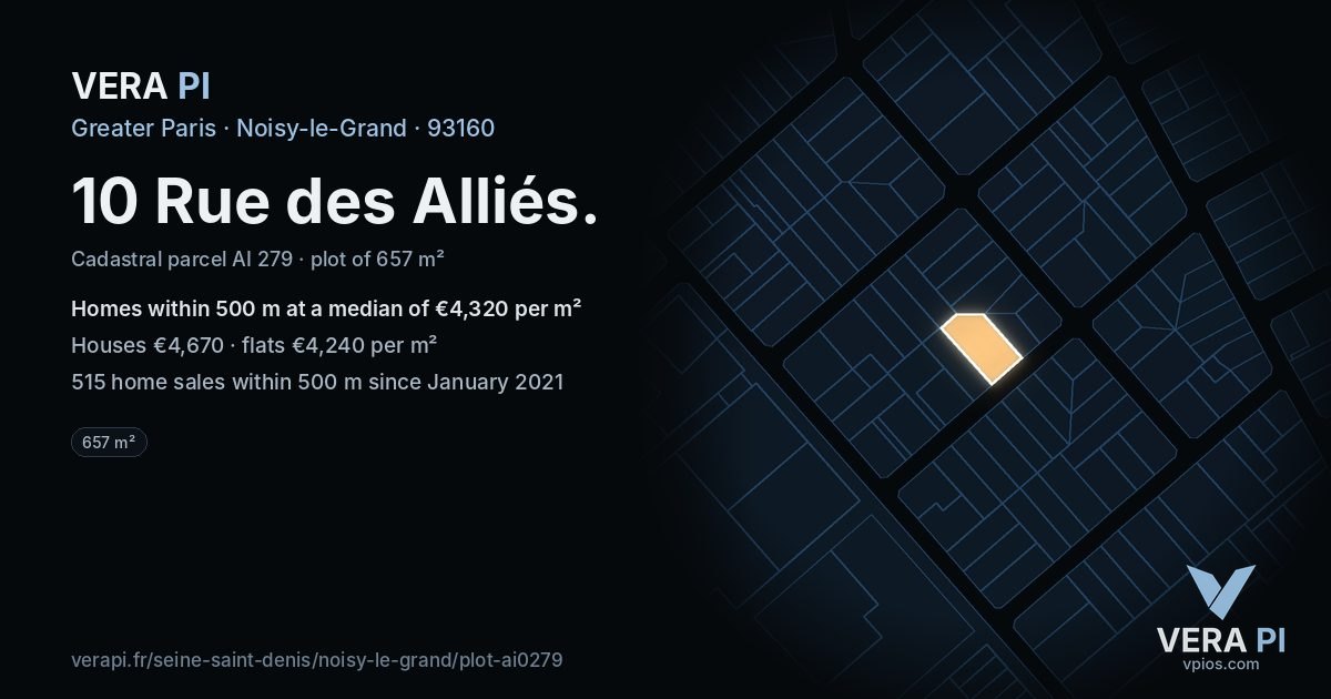 10 Rue des Alliés, Noisy-le-Grand at night – the plot lit, the parcels around coloured by the prices near them