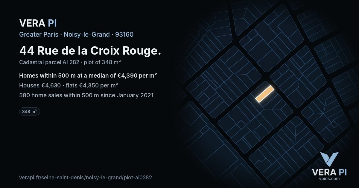 44 Rue de la Croix Rouge, Noisy-le-Grand at night – the plot lit, the parcels around coloured by the prices near them