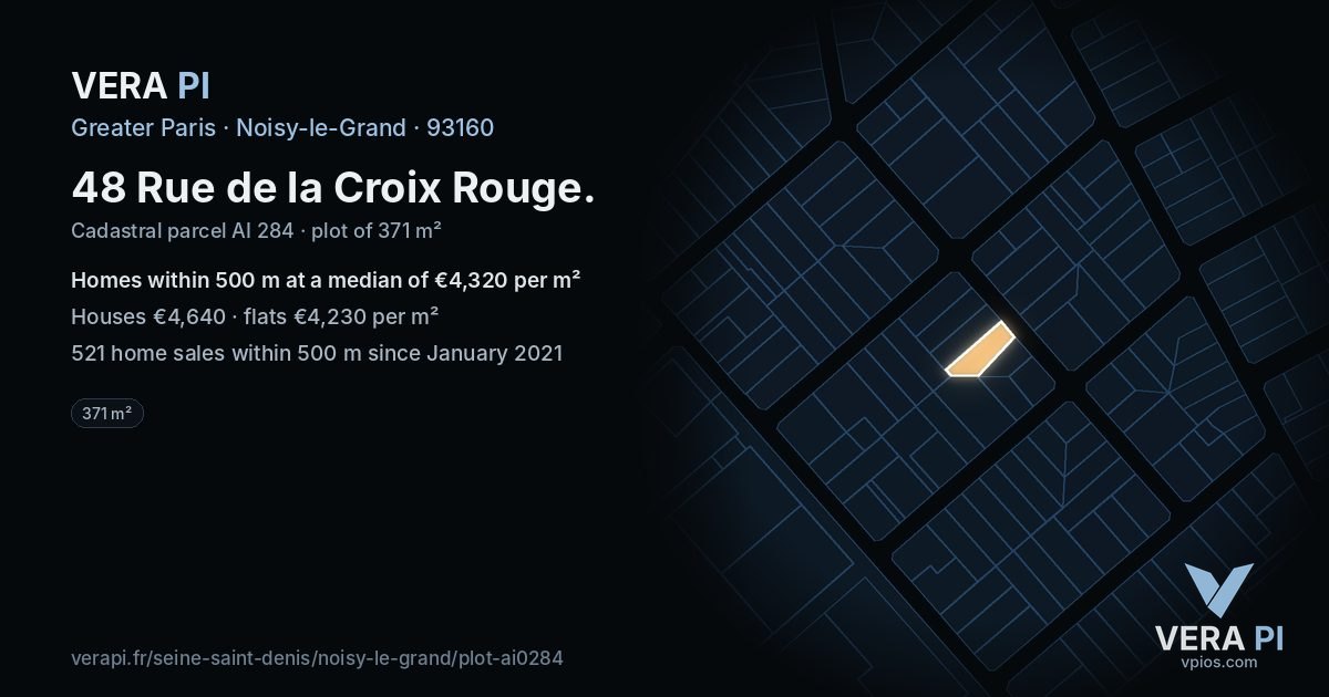 48 Rue de la Croix Rouge, Noisy-le-Grand at night – the plot lit, the parcels around coloured by the prices near them