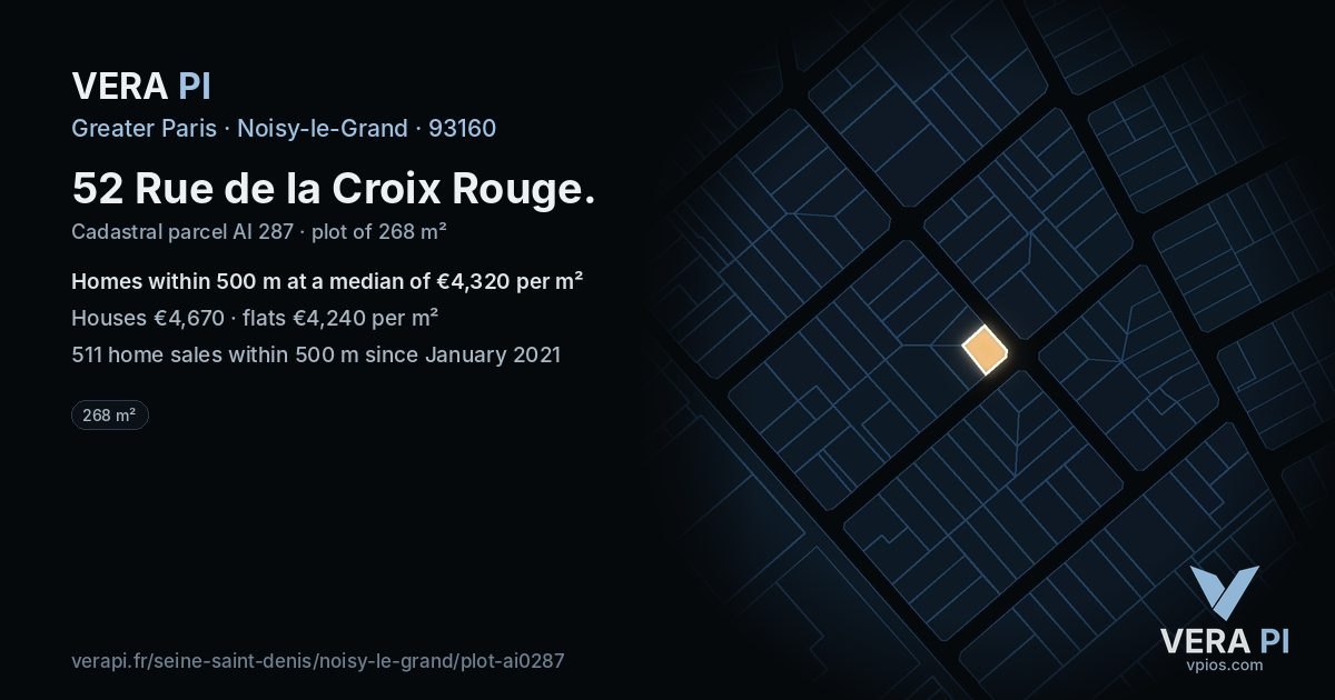 52 Rue de la Croix Rouge, Noisy-le-Grand at night – the plot lit, the parcels around coloured by the prices near them