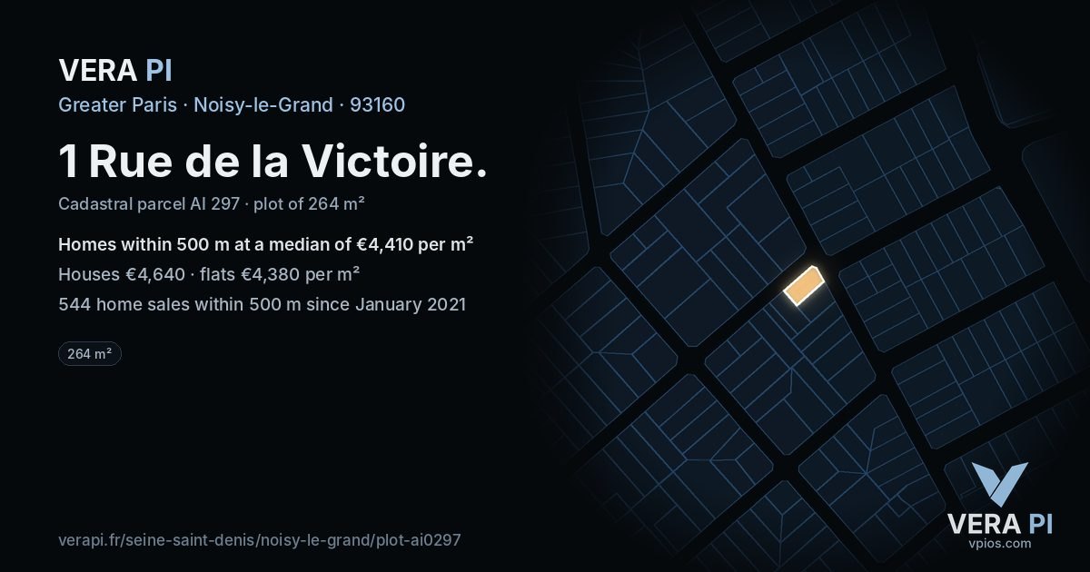 1 Rue de la Victoire, Noisy-le-Grand at night – the plot lit, the parcels around coloured by the prices near them