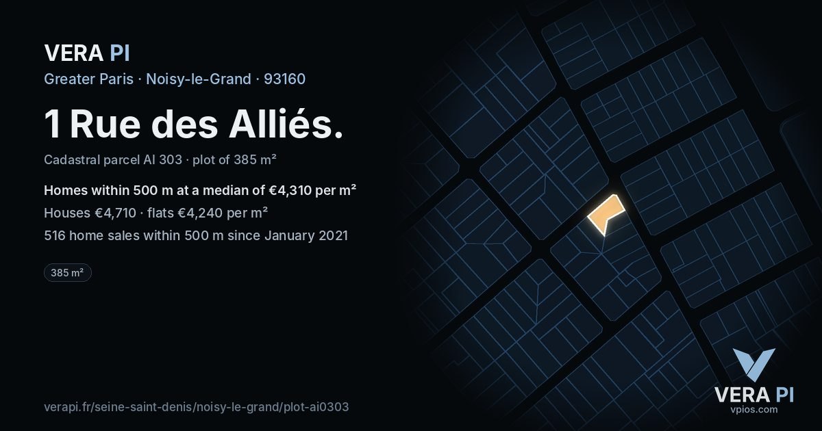 1 Rue des Alliés, Noisy-le-Grand at night – the plot lit, the parcels around coloured by the prices near them