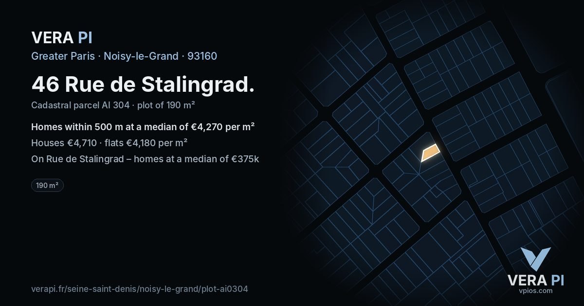 46 Rue de Stalingrad, Noisy-le-Grand at night – the plot lit, the parcels around coloured by the prices near them