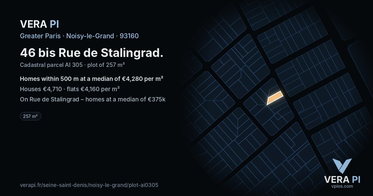 46 bis Rue de Stalingrad, Noisy-le-Grand at night – the plot lit, the parcels around coloured by the prices near them