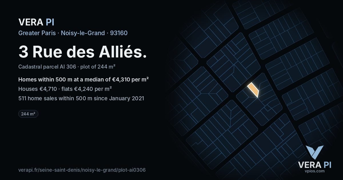 3 Rue des Alliés, Noisy-le-Grand at night – the plot lit, the parcels around coloured by the prices near them