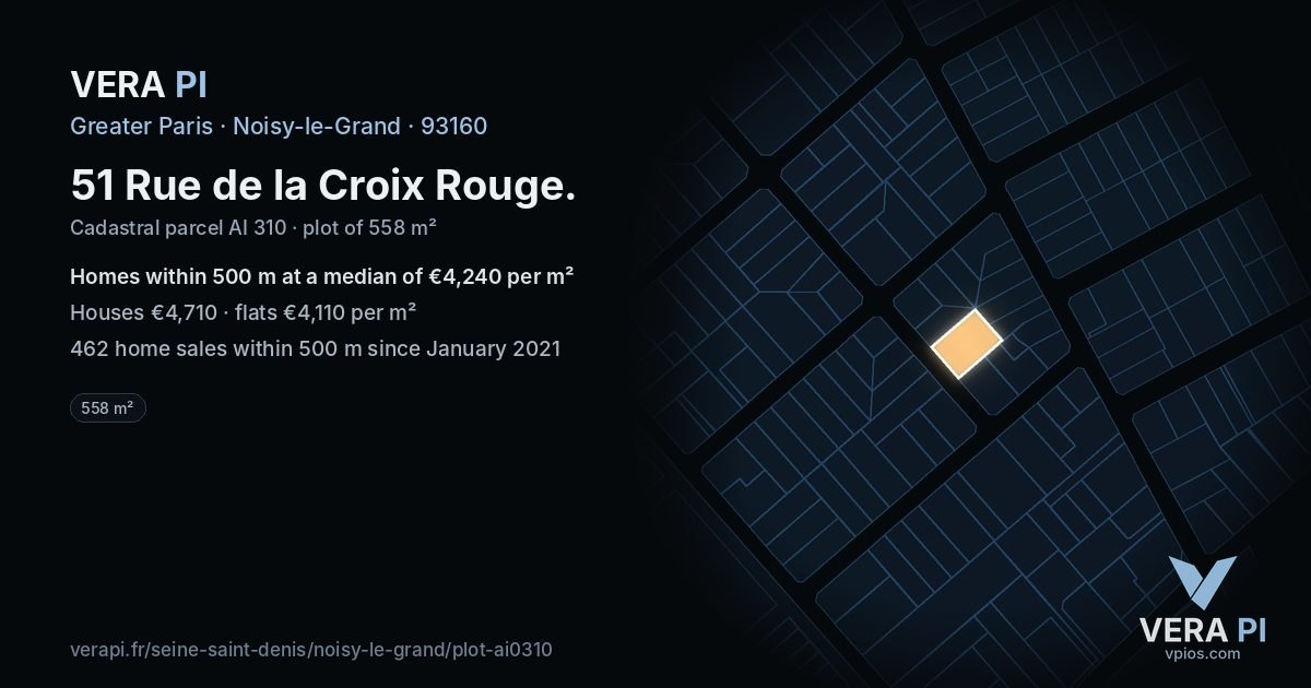 51 Rue de la Croix Rouge, Noisy-le-Grand at night – the plot lit, the parcels around coloured by the prices near them