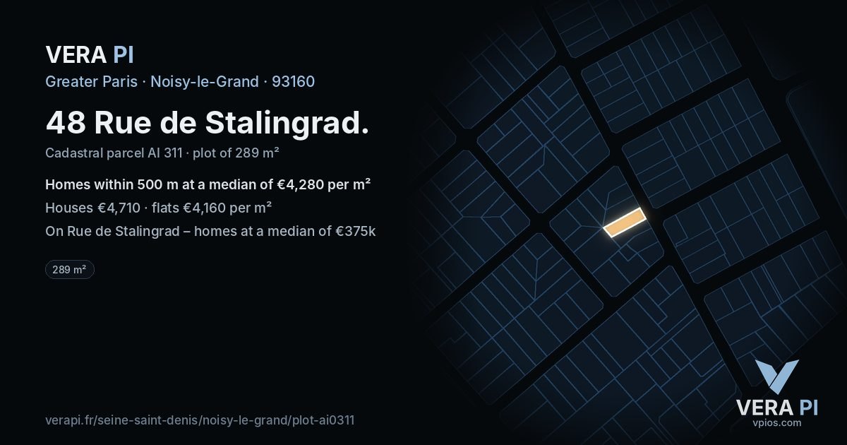48 Rue de Stalingrad, Noisy-le-Grand at night – the plot lit, the parcels around coloured by the prices near them
