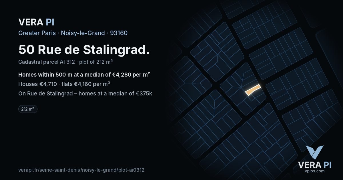50 Rue de Stalingrad, Noisy-le-Grand at night – the plot lit, the parcels around coloured by the prices near them