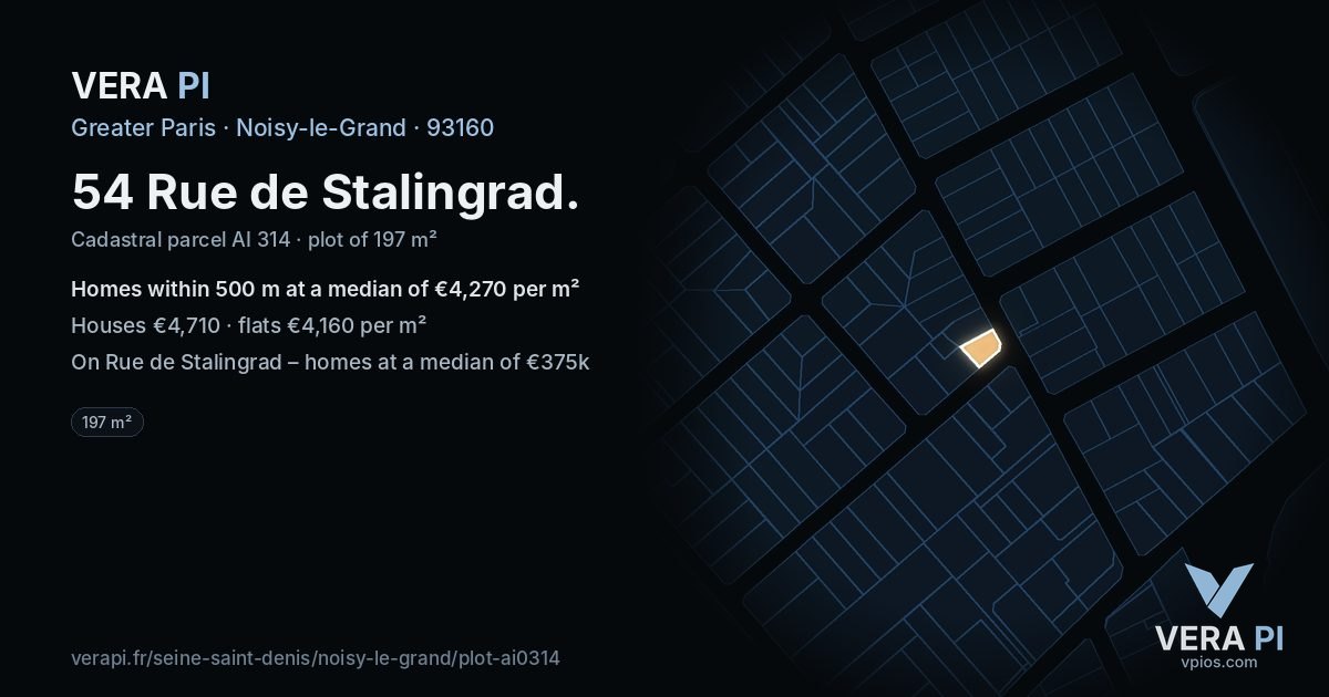 54 Rue de Stalingrad, Noisy-le-Grand at night – the plot lit, the parcels around coloured by the prices near them