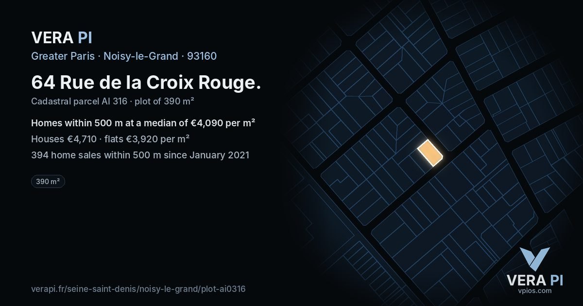 64 Rue de la Croix Rouge, Noisy-le-Grand at night – the plot lit, the parcels around coloured by the prices near them