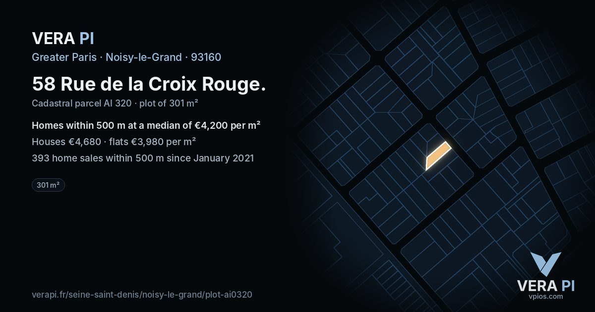 58 Rue de la Croix Rouge, Noisy-le-Grand at night – the plot lit, the parcels around coloured by the prices near them