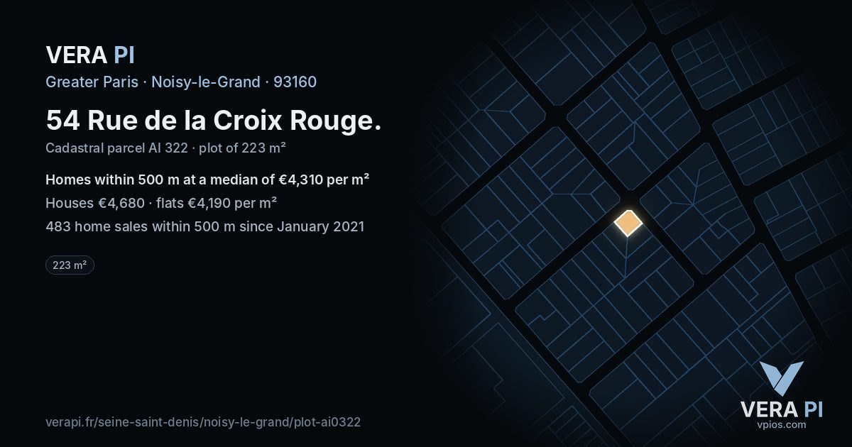 54 Rue de la Croix Rouge, Noisy-le-Grand at night – the plot lit, the parcels around coloured by the prices near them