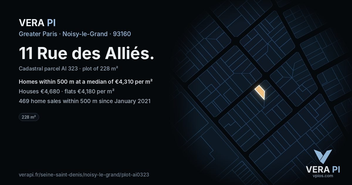 11 Rue des Alliés, Noisy-le-Grand at night – the plot lit, the parcels around coloured by the prices near them