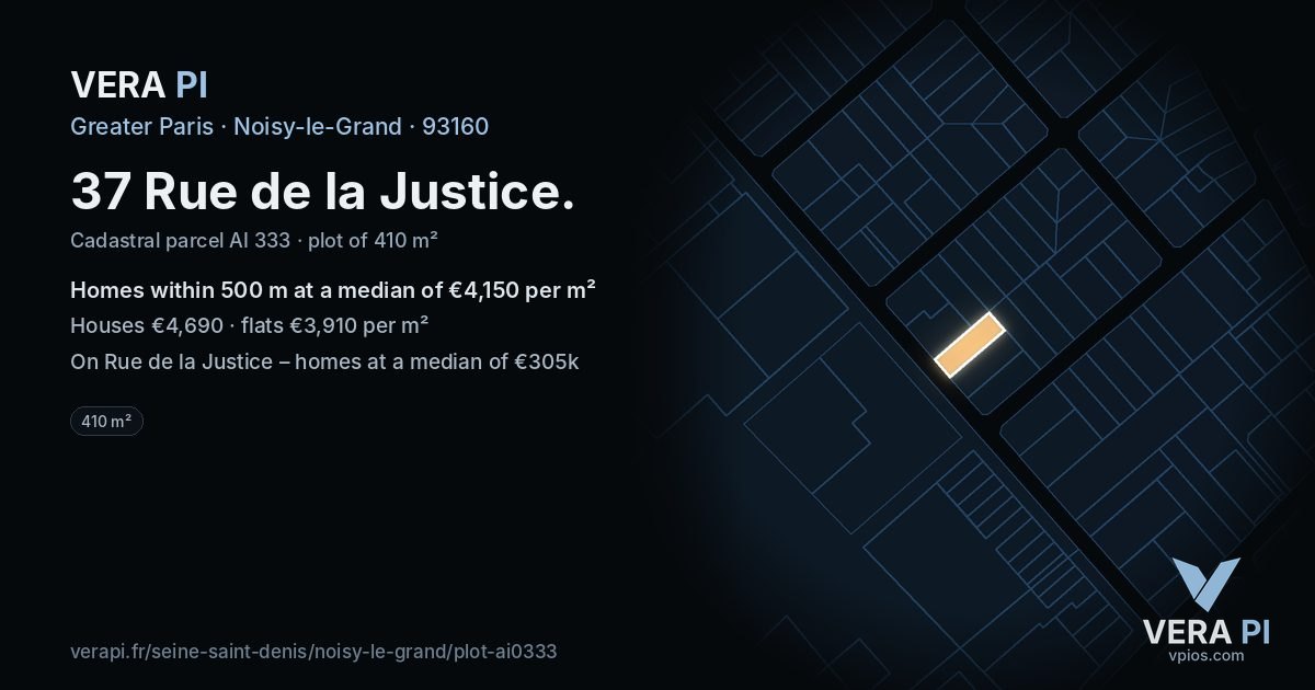37 Rue de la Justice, Noisy-le-Grand at night – the plot lit, the parcels around coloured by the prices near them