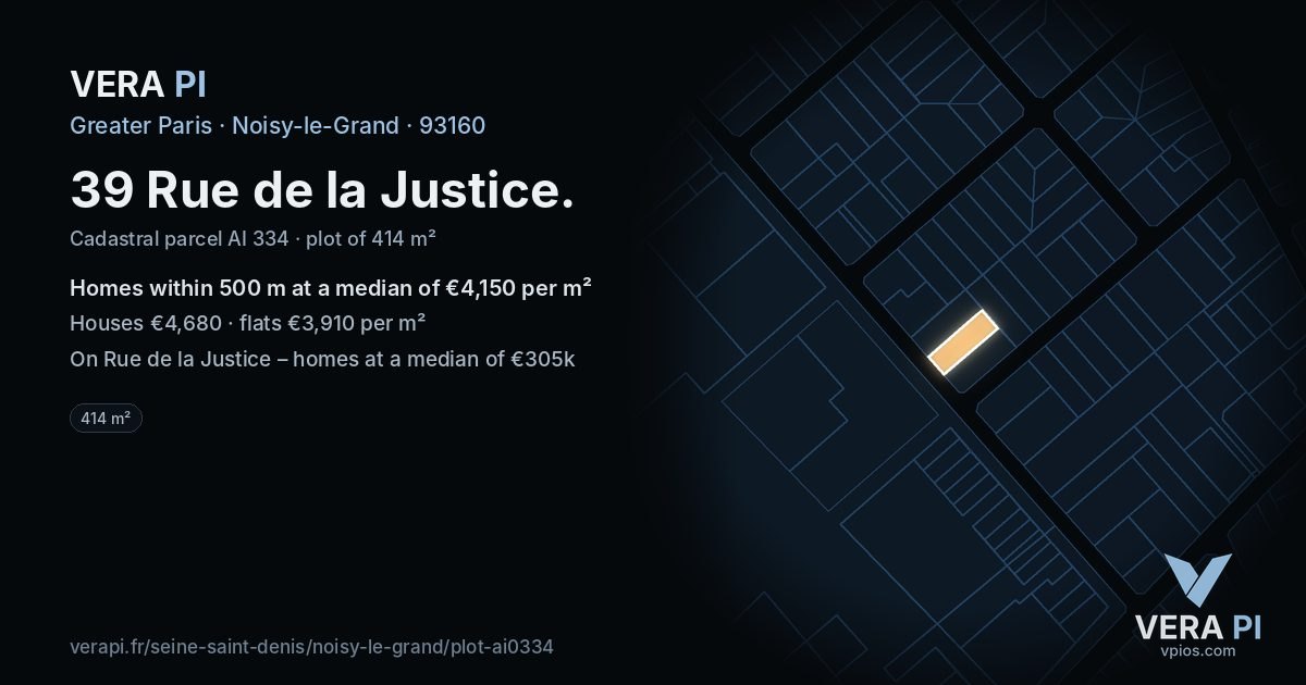 39 Rue de la Justice, Noisy-le-Grand at night – the plot lit, the parcels around coloured by the prices near them
