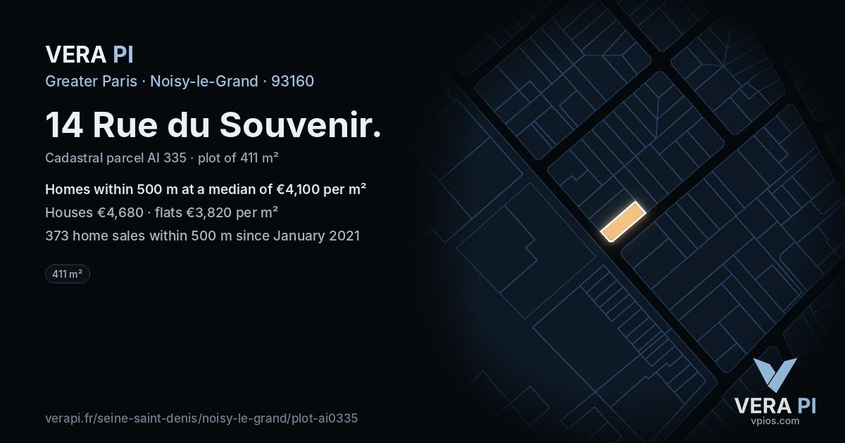 14 Rue du Souvenir, Noisy-le-Grand at night – the plot lit, the parcels around coloured by the prices near them