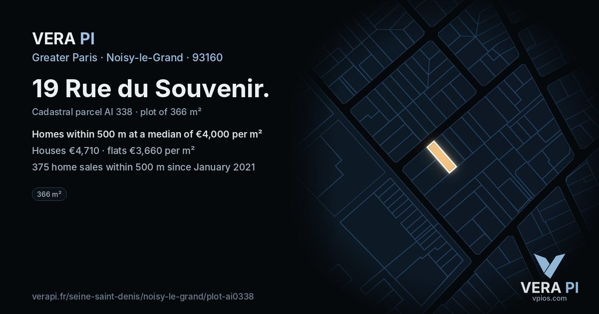 19 Rue du Souvenir, Noisy-le-Grand at night – the plot lit, the parcels around coloured by the prices near them