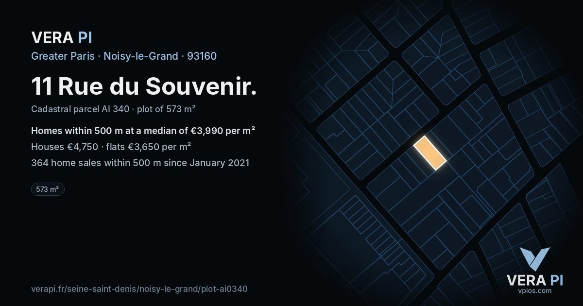11 Rue du Souvenir, Noisy-le-Grand at night – the plot lit, the parcels around coloured by the prices near them