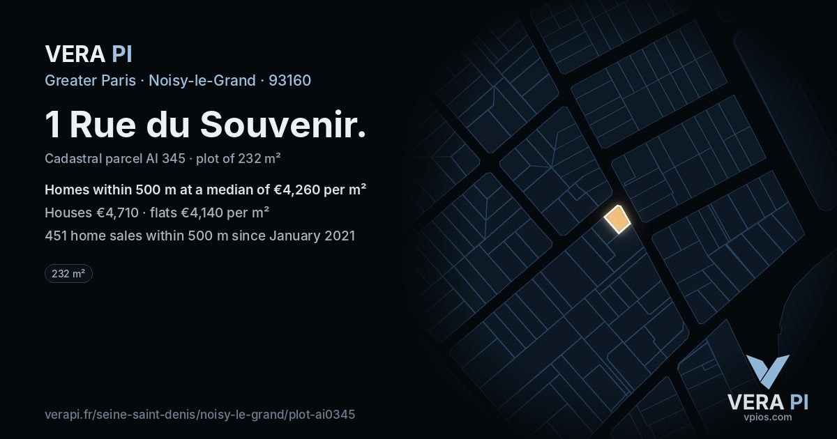 1 Rue du Souvenir, Noisy-le-Grand at night – the plot lit, the parcels around coloured by the prices near them