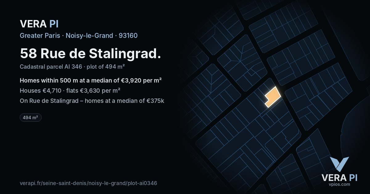 58 Rue de Stalingrad, Noisy-le-Grand at night – the plot lit, the parcels around coloured by the prices near them