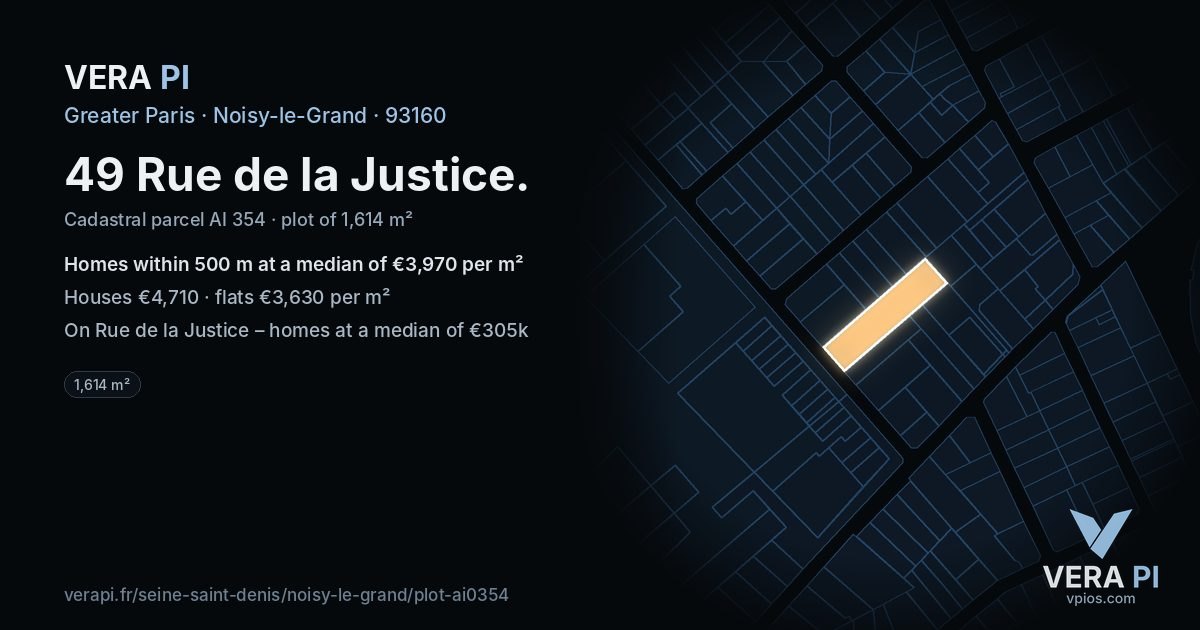49 Rue de la Justice, Noisy-le-Grand at night – the plot lit, the parcels around coloured by the prices near them