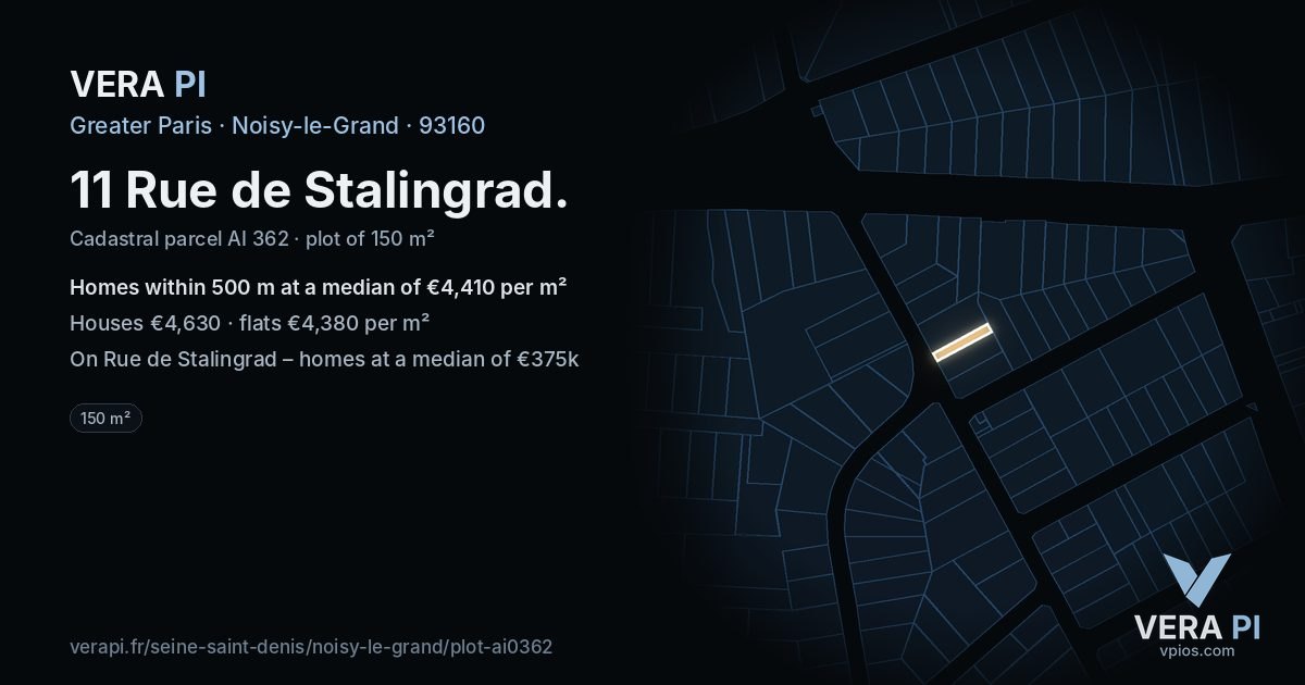 11 Rue de Stalingrad, Noisy-le-Grand at night – the plot lit, the parcels around coloured by the prices near them