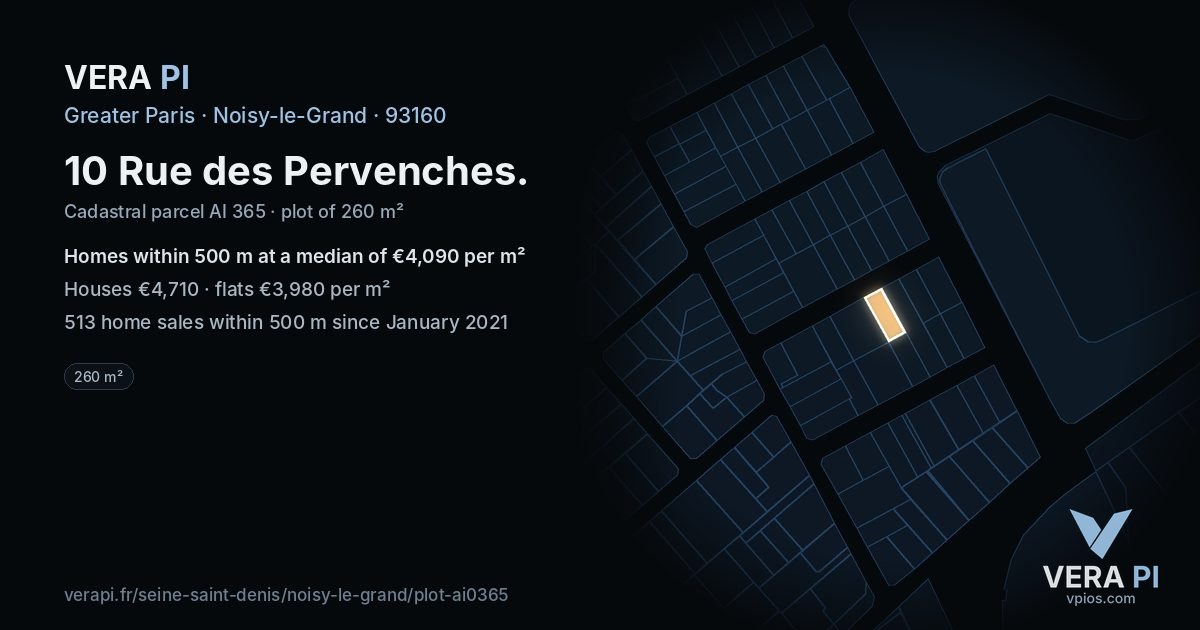 10 Rue des Pervenches, Noisy-le-Grand at night – the plot lit, the parcels around coloured by the prices near them