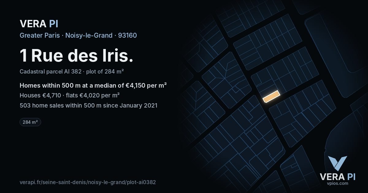 1 Rue des Iris, Noisy-le-Grand at night – the plot lit, the parcels around coloured by the prices near them