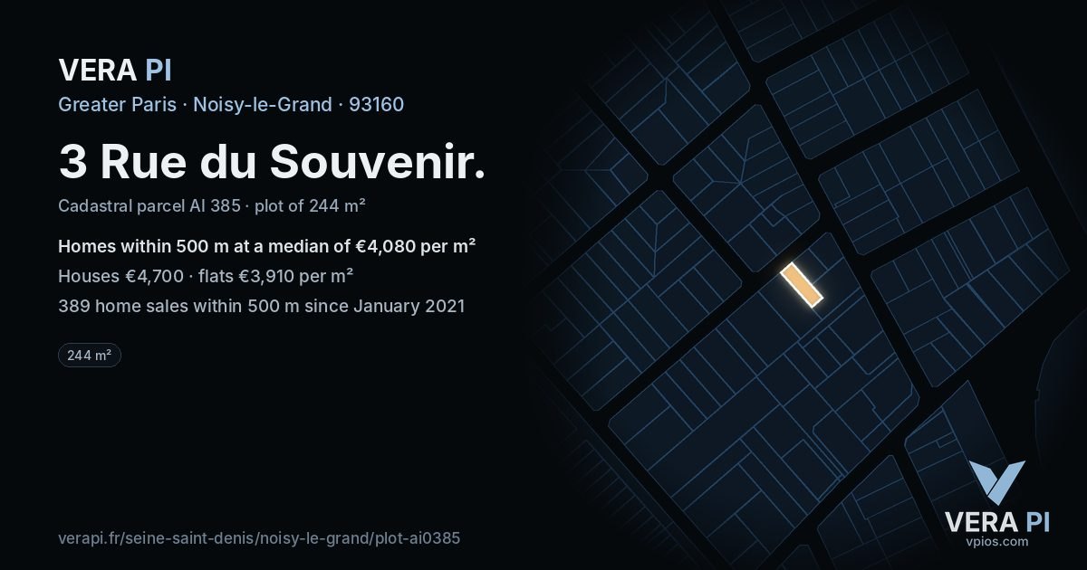 3 Rue du Souvenir, Noisy-le-Grand at night – the plot lit, the parcels around coloured by the prices near them
