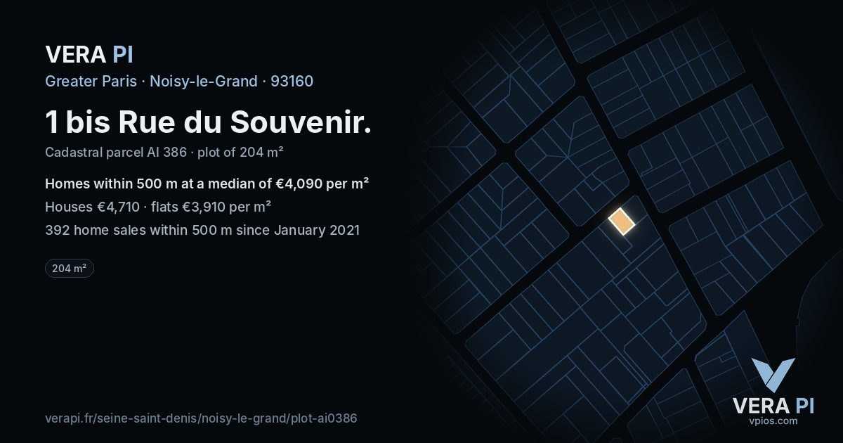 1 bis Rue du Souvenir, Noisy-le-Grand at night – the plot lit, the parcels around coloured by the prices near them