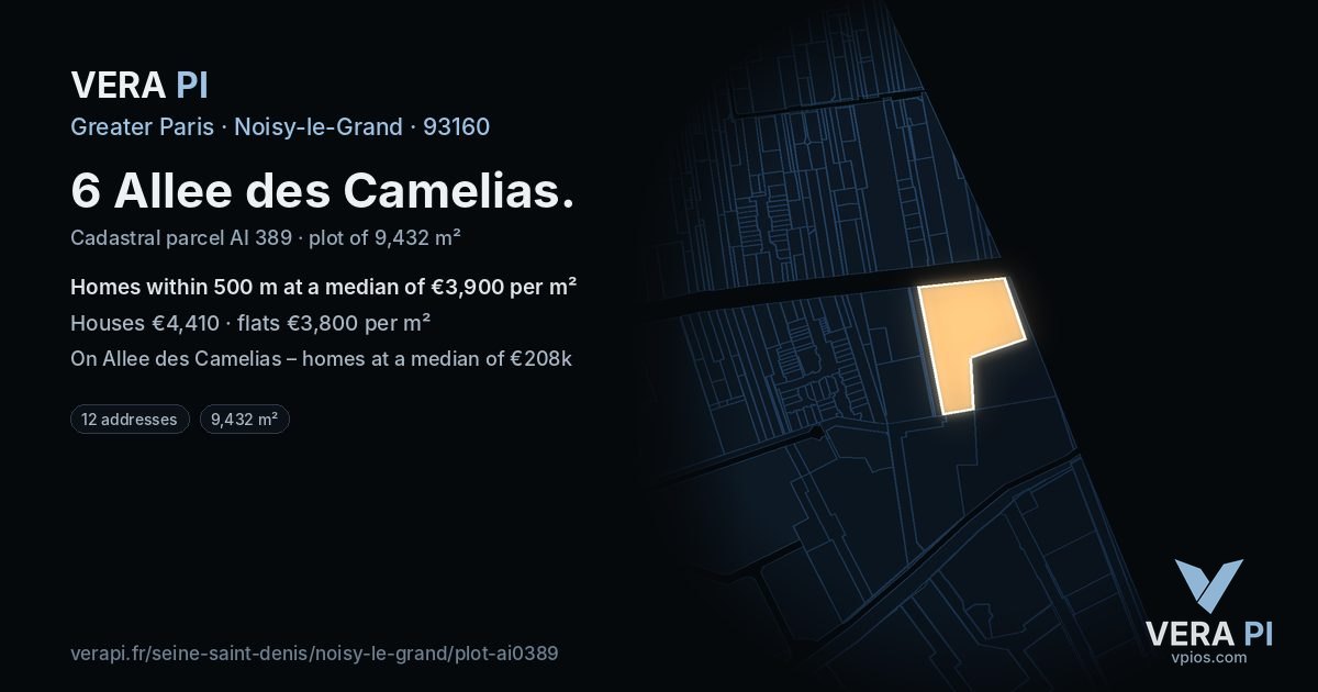 6 Allee des Camelias, Noisy-le-Grand at night – the plot lit, the parcels around coloured by the prices near them
