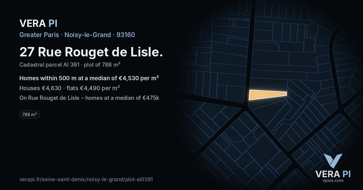 27 Rue Rouget de Lisle, Noisy-le-Grand at night – the plot lit, the parcels around coloured by the prices near them