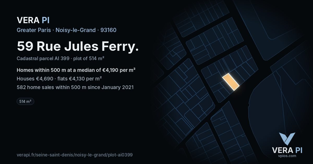 59 Rue Jules Ferry, Noisy-le-Grand at night – the plot lit, the parcels around coloured by the prices near them