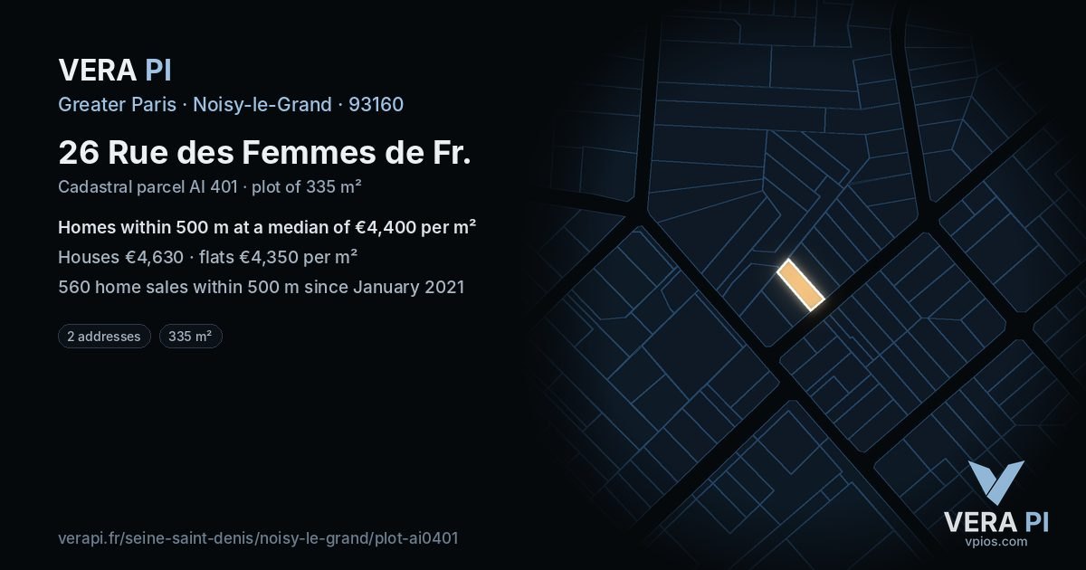 26 Rue des Femmes de Fr, Noisy-le-Grand at night – the plot lit, the parcels around coloured by the prices near them
